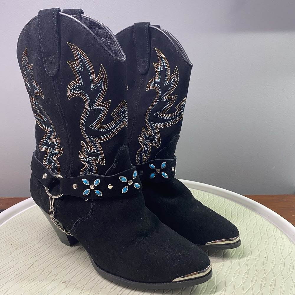 DINGO Black Suede Flame Stitched Chain Harness Cowgirl Western Boot SZ 8.5 EUC